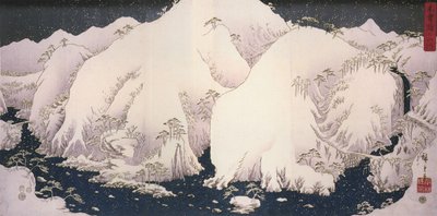 Hiroshige, Een rivier tussen besneeuwde bergen door Utagawa Hiroshige