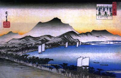 Hiroshige Een weg langs een meer met enkele boten door Utagawa Hiroshige