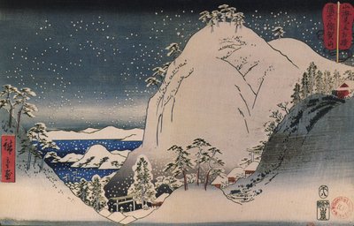 Hiroshige, Heiligdommen in besneeuwde bergen door Utagawa Hiroshige