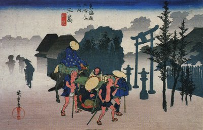 Hiroshige, Reizigers passeren een heiligdom in de mist door Utagawa Hiroshige