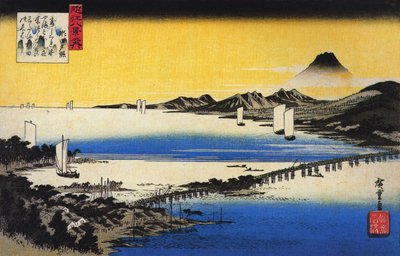 Hiroshige Gezicht op een lange brug over een meer door Utagawa Hiroshige