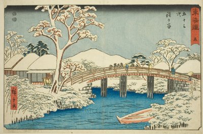Hodogaya: Katabira Rivier en Katabira Brug—Nr. 5, uit de serie "Drieënvijftig Stations van de Tokaido" door Utagawa Hiroshige