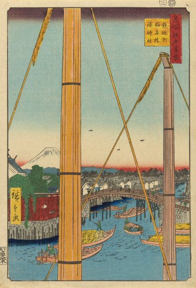 Inari-brug en Minato-schrijn, Teppozu, uit de serie "Honderd beroemde uitzichten van Edo" door Utagawa Hiroshige