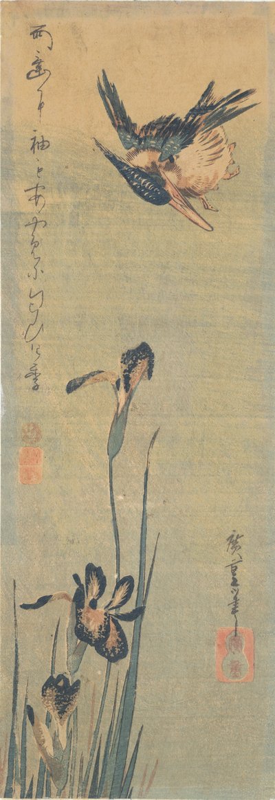 IJsvogel vliegend over een Iris door Utagawa Hiroshige