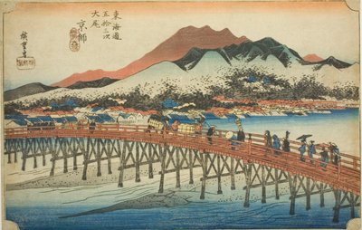 Kyoto: De grote brug bij Sanjo (Keishi, Sanjo ohashi), uit de serie "Drieënvijftig stations van de Tokaido (Tokaido gojusan tsugi no uchi)", ook bekend als de Hoeido Tokaido door Utagawa Hiroshige