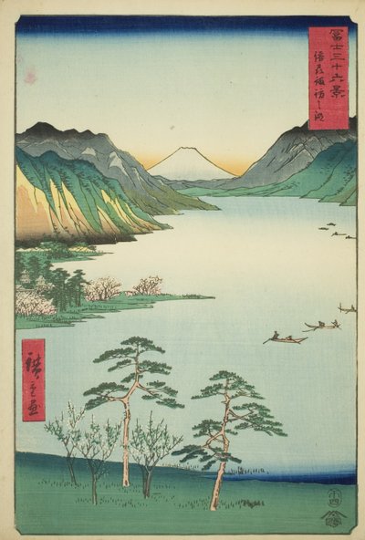 Meer Suwa in de provincie Shinano (Shinshu Suwa no mizuumi), uit de serie "Zesendertig gezichten op de berg Fuji (Fuji sanjurokkei)" door Utagawa Hiroshige