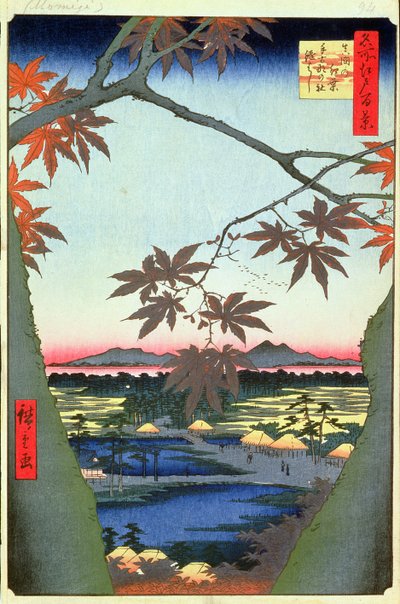 Esdoorns bij Mam, Tekona heiligdom en verbonden brug, plaat 94 uit de serie Honderd uitzichten van Edo, Edo Periode, Ansei Era, 1857 door Utagawa Hiroshige