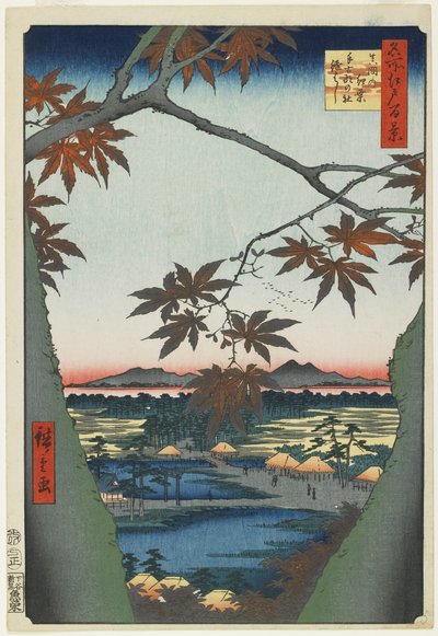 Esdoorns bij Mama met Uitzicht op Tekona Heiligdom en Brug, januari 1857 door Utagawa Hiroshige
