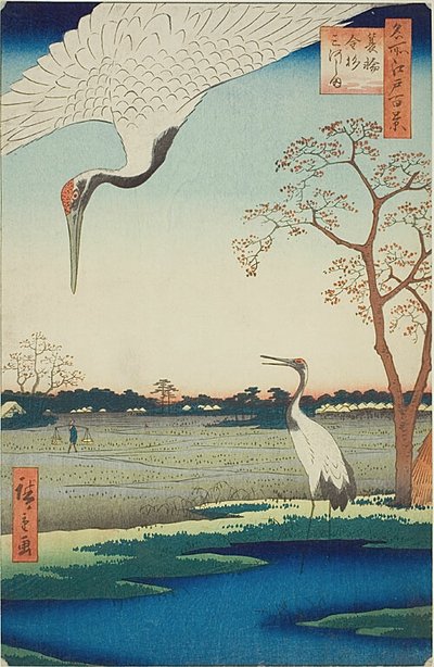 Minowa, Kanasugi, Mikawashima, nr.102 uit de serie "Honderd beroemde stadsgezichten van Edo (Meisho Edo hyakkei)". door Utagawa Hiroshige