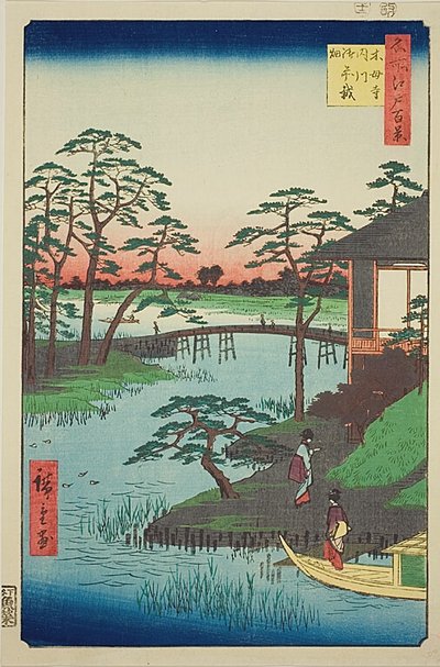 Mokubo Tempel, Uchigawa Inlet, Gozensaihata (Mokuboji Uchigawa Gozensaihata), nr.92 uit de serie "Honderd beroemde vergezichten van Edo (Meisho Edo hyakkei)". door Utagawa Hiroshige