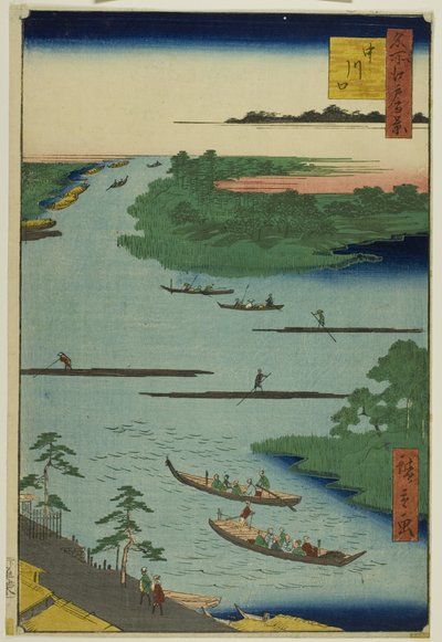 De monding van de Nakawaga-rivier (Nakagawaguchi), uit de serie "One Hundred Famous Views of Edo (Meisho Edo hyakkei)". door Utagawa Hiroshige