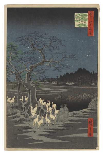 Vossenvuren op oudejaarsavond bij de Veranderboom, Ōji door Utagawa Hiroshige