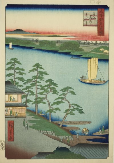 Niijuku veerboot (Niijuku no watashi), uit de serie "Honderd beroemde uitzichten van Edo (Meisho Edo hyakkei)" door Utagawa Hiroshige