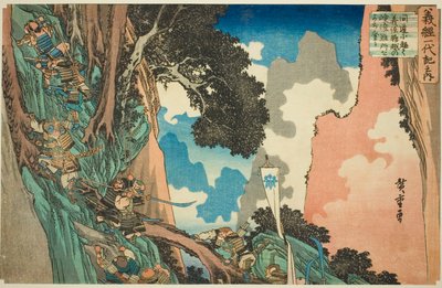 Yoshitsune neemt een kortere weg en beklimt de steile en gevaarlijke afgrond bij Hiyodori Pass, uit de serie "Het leven van Yoshitsune" door Utagawa Hiroshige