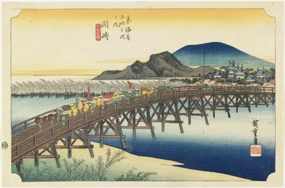 Okazaki--Yahagi Brug, ca. 1833 door Utagawa Hiroshige