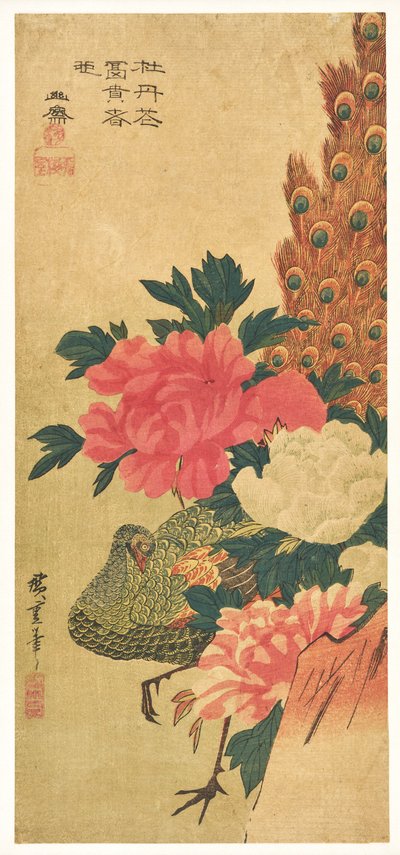 Pioenrozen en pauw door Utagawa Hiroshige