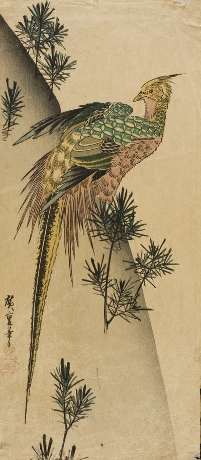 Fazant tussen dennenscheuten door Utagawa Hiroshige