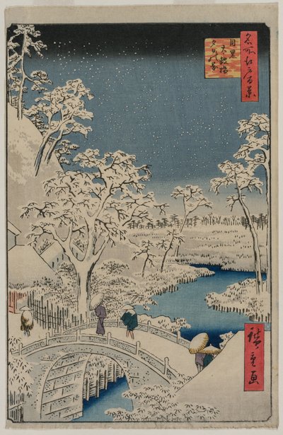 Schemering bij de Drumbrug in Meguro, uit de serie 100 Zichten op Beroemde Plaatsen in Edo door Utagawa Hiroshige