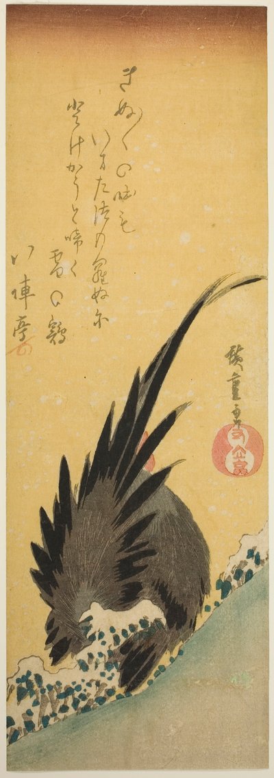 Haan op een heuvel in de winter door Utagawa Hiroshige