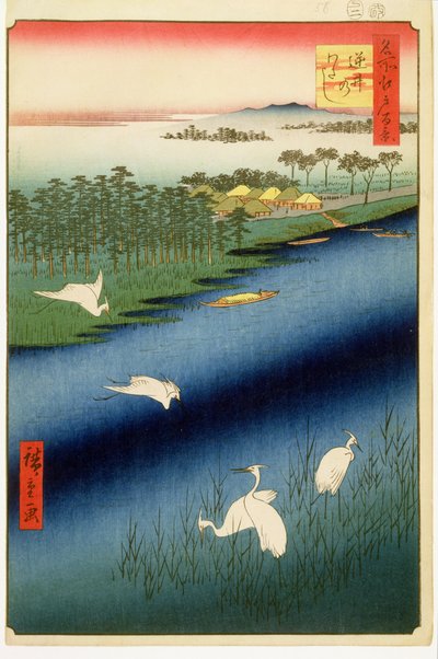Sakasai veerboot, plaat 67 uit de serie Honderd beroemde uitzichten van Edo, Edo Periode, Ansei Era, 1857 door Utagawa Hiroshige