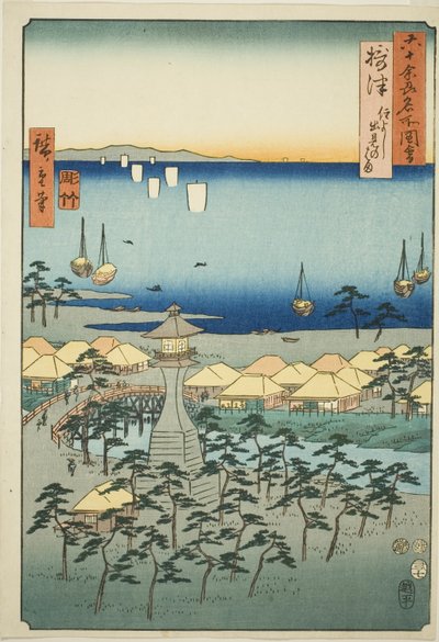 Settsu Provincie: Idemi-strand bij Sumiyoshi (Settsu, Sumiyoshi Idemi no hama), uit de serie "Beroemde plaatsen in de zestig-odd provincies (Rokujuyoshu meisho zue)" door Utagawa Hiroshige
