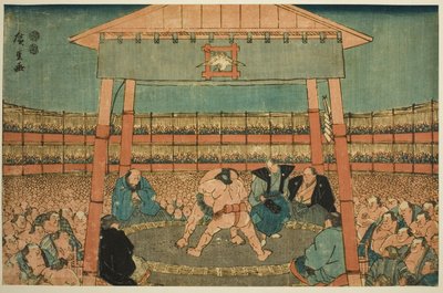 Sumo-wedstrijd in de omgeving van de Ekoin-tempel (Ekoin keidai sumo no zu), uit de serie "Ryogoku in de Oostelijke Hoofdstad (Toto Ryogoku)" door Utagawa Hiroshige