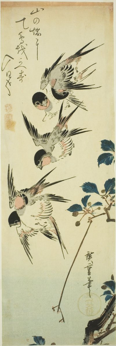 Zwaluwen en bloeiende tak door Utagawa Hiroshige