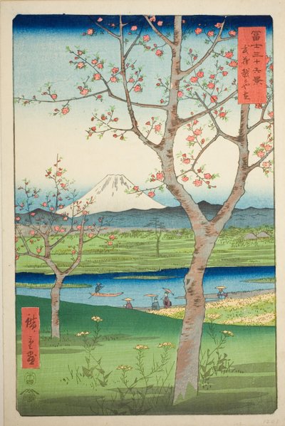 De buitenwijken van Koshigaya in de provincie Musashi (Musashi Koshigaya zai), uit de serie "Zesendertig zichten op de berg Fuji (Fuji sanjurokkei)" door Utagawa Hiroshige