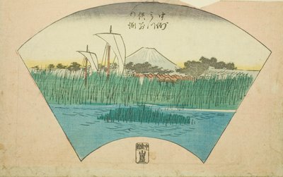 De Scheiding van de Drie-tandige Rivier bij Nakasu (Nakasu Mitsumata Wakarenofuchi), sectie van een blad uit de serie "Uitgeknipte Prenten van Beroemde Plaatsen in Edo (Edo meisho harimaze zue)" door Utagawa Hiroshige