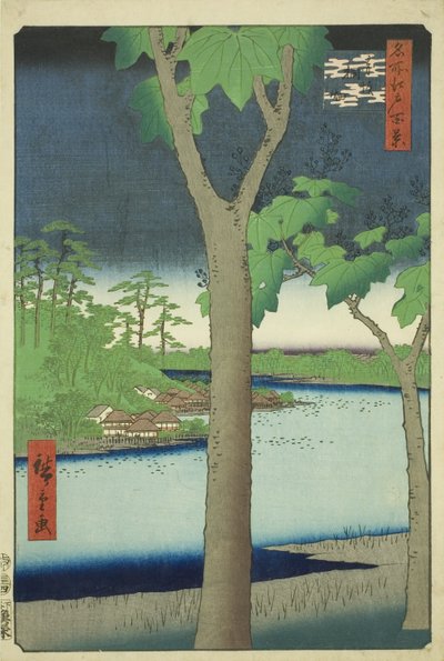 Het Paulownia-bos bij Akasaka (Akasaka Kiribatake), uit de serie "Honderd beroemde uitzichten van Edo (Meisho Edo hyakkei)" door Utagawa Hiroshige