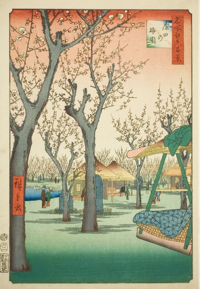De pruimenboomgaard in Kamata (Kamata no umezono), nr.27 uit de serie "Honderd beroemde vergezichten van Edo (Meisho Edo hyakkei)". door Utagawa Hiroshige