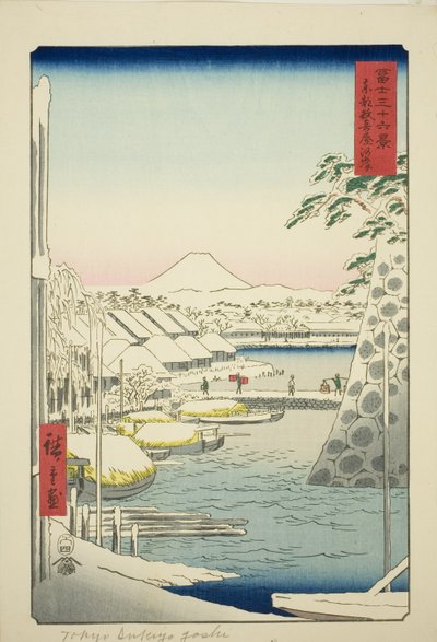 De rivierbank bij Sukiya in de Oostelijke Hoofdstad (Toto Sukiyagashi), uit de serie "Zesendertig Zichten op de Fuji (Fuji sanjurokkei)" door Utagawa Hiroshige