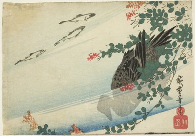 Forellen, eend en bush clover door Utagawa Hiroshige