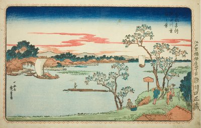 Uitzicht op bladerige kersenbomen langs de Sumida-rivier (Sumidagawa hazakura no kei), uit de serie "Beroemde uitzichten van de oostelijke hoofdstad (Toto Meisho)" door Utagawa Hiroshige