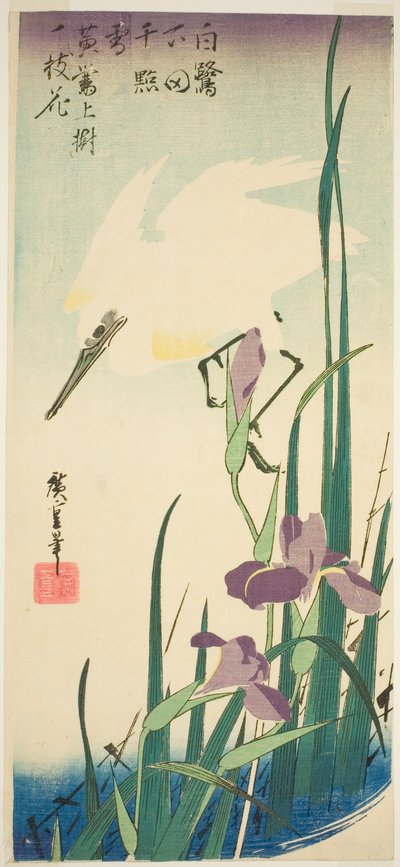 Witte reiger en iris door Utagawa Hiroshige