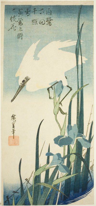 Witte reiger en iris door Utagawa Hiroshige