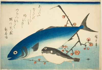 Geelstaart, kogelvis en pruimentak door Utagawa Hiroshige