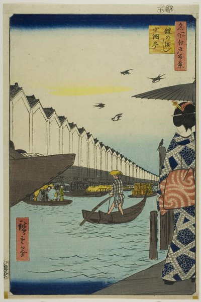 Yoroi veerboot, Koami-cho (Yoroi no watashi Koami-cho), uit de serie "Honderd beroemde vergezichten van Edo (Meisho Edo hyakkei)". door Utagawa Hiroshige