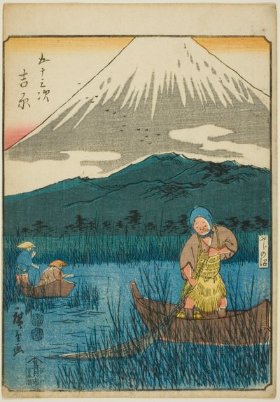 Yoshiwara, uit de serie "Drieënvijftig Stations [van de Tokaido] (Gojusan tsugi)," ook bekend als de Figuren Tokaido (Jinbutsu Tokaido) door Utagawa Hiroshige