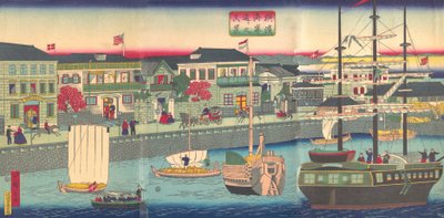 Uitzicht op de Zeekant in Yokohama, 5e maand, 1870 door Utagawa Hiroshige III