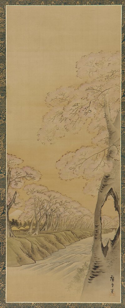 Landschap: bloeiende kersenbomen langs de oevers van een stroom, Edo-periode, 1615-1868 door Utagawa Hiroshige II