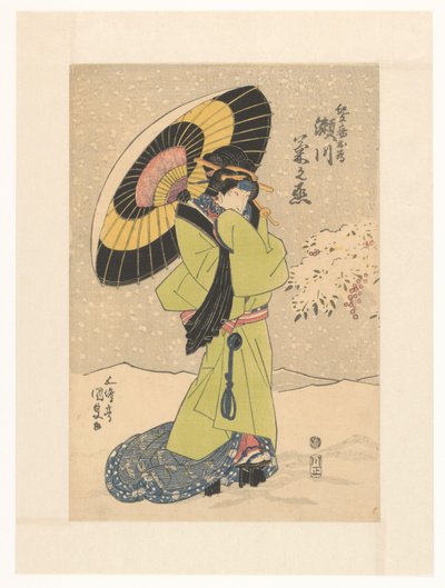Concubine Mekame in de sneeuw met paraplu door Utagawa Kunisada (I)