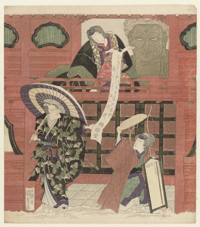 Drie acteurs bij een tempelpoort door Utagawa Kunisada (I)