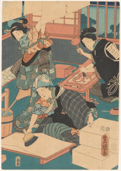 Vrouwen maken prenten (middendeel) door Utagawa Kunisada (I)