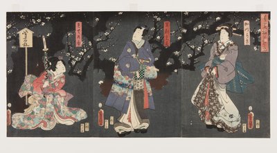 Genieten van pruimenbloesems in de lentemist: Sodenokō (R), Ashikaga Mitsuuji (C), en Katsuragi (L) door Utagawa Kunisada