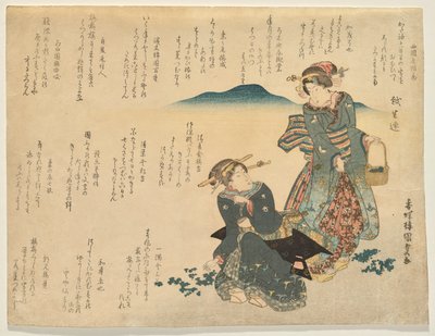 Twee vrouwen die de zeven traditionele kruiden voor het nieuwe jaar verzamelen door Utagawa Kunisada