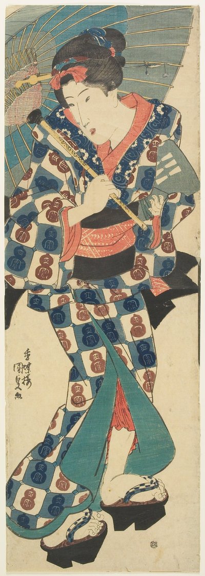 Junges Mädchen mit Regenschirm door Utagawa Kunisada