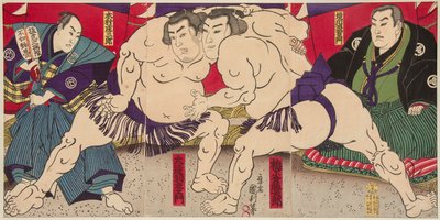 Sumoworstelaars Umegatani Rodachi en Kimura Shonosuke door Utagawa Kunitoshi
