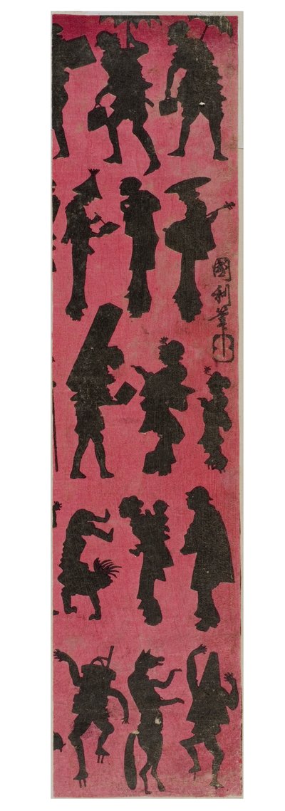 Silhouetten van mensen in verschillende houdingen op een roze ondergrond, ca. 1880-1890 (houtsnede op papier) door Utagawa Kunitoshi