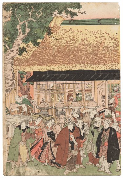 Een groep acteurs op weg naar het Oji (Inari jinja) heiligdom op Nieuwjaarsdag, gesigneerd Kuniyoshi, kiwame zegel, Oban tate-e drieluik door Utagawa Kuniyoshi